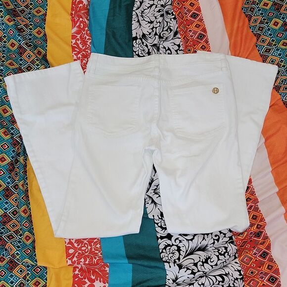 Tory Burch Classic Tory Boot Bootcut White Stretch Jeans Gold Hardware Size 28 - Picture 6 of 7